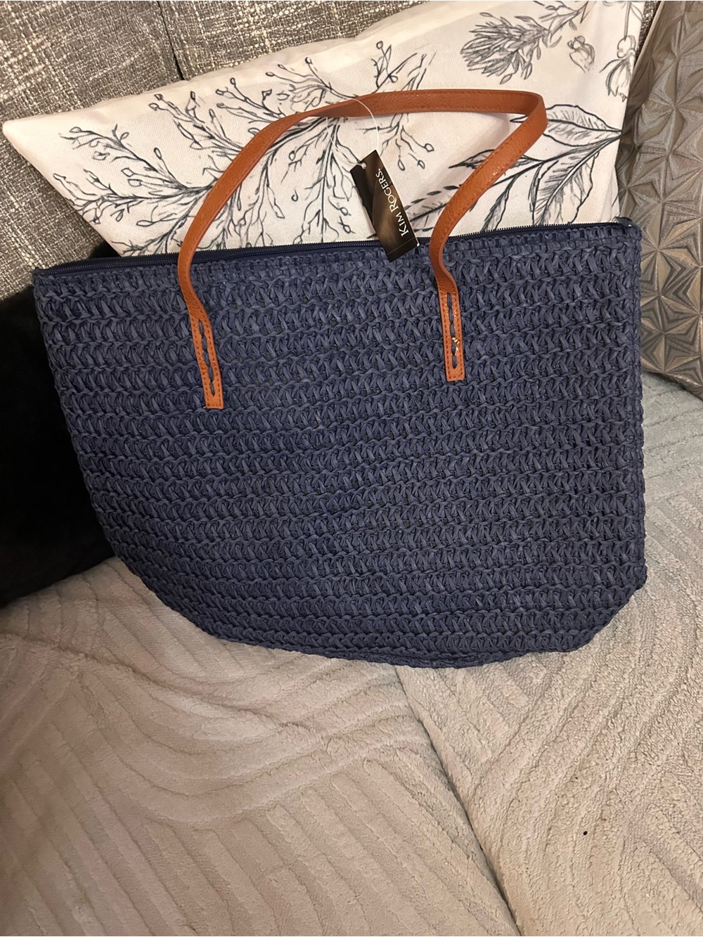 Kim Rogers Navy Crochet Tote with Brown Handles